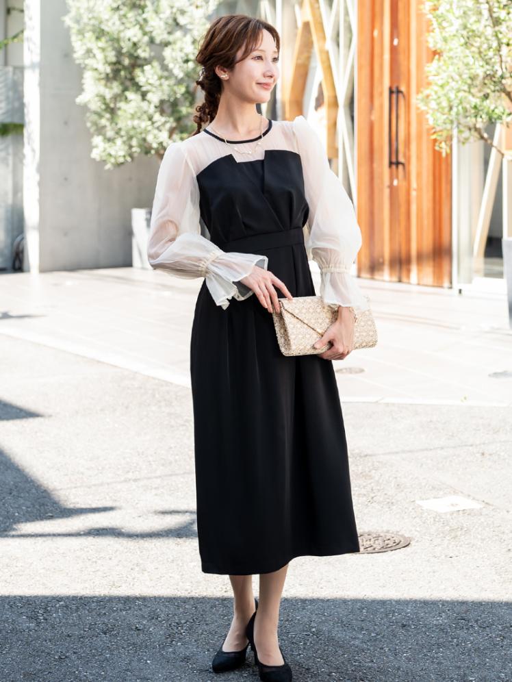 ビスチェ風シアースリーブドレス(ブラック)H1-441BL-M | パーティ