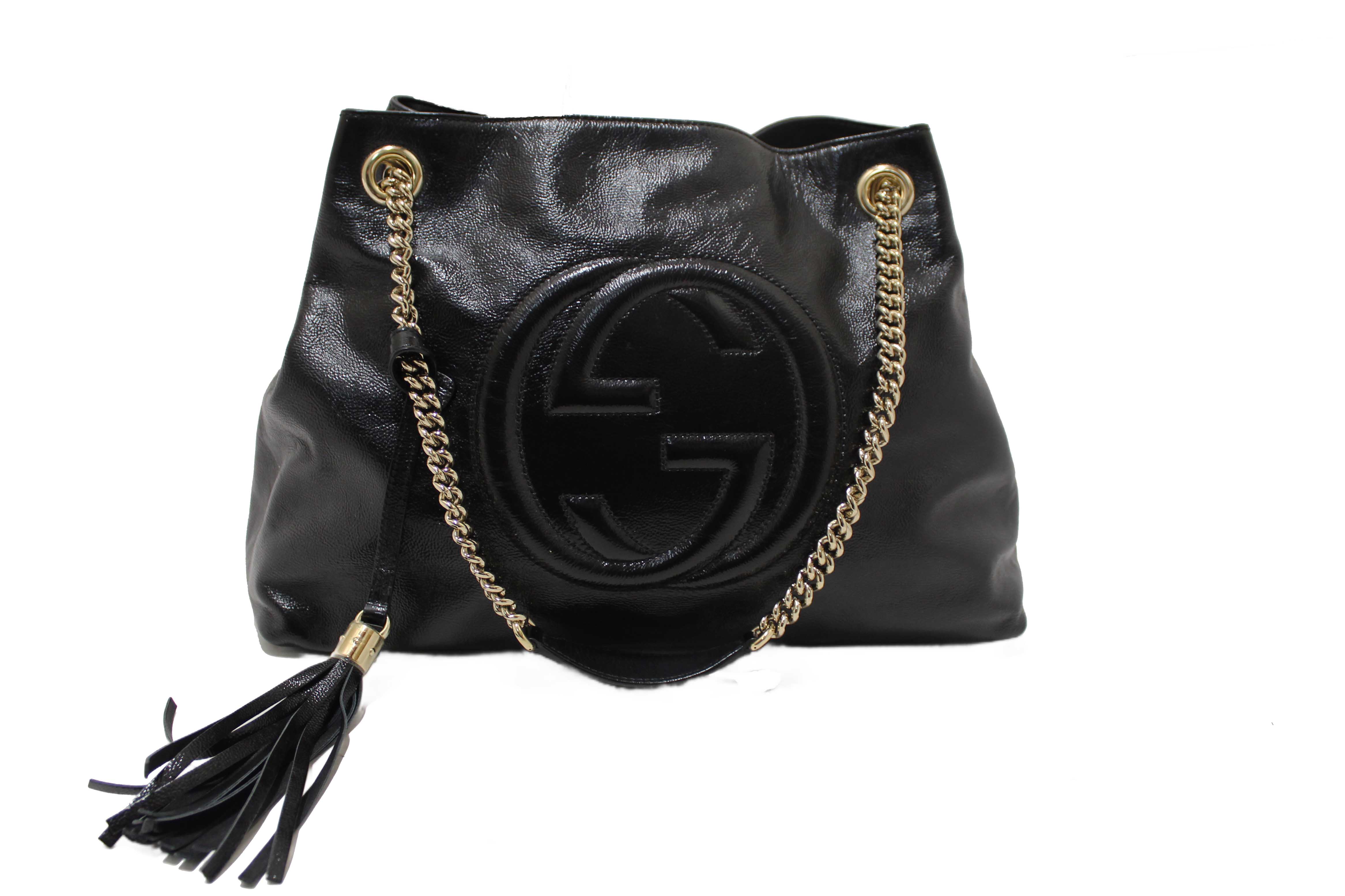 Authentic Gucci Black Patent Leather Medium Soho Chain Shoulder