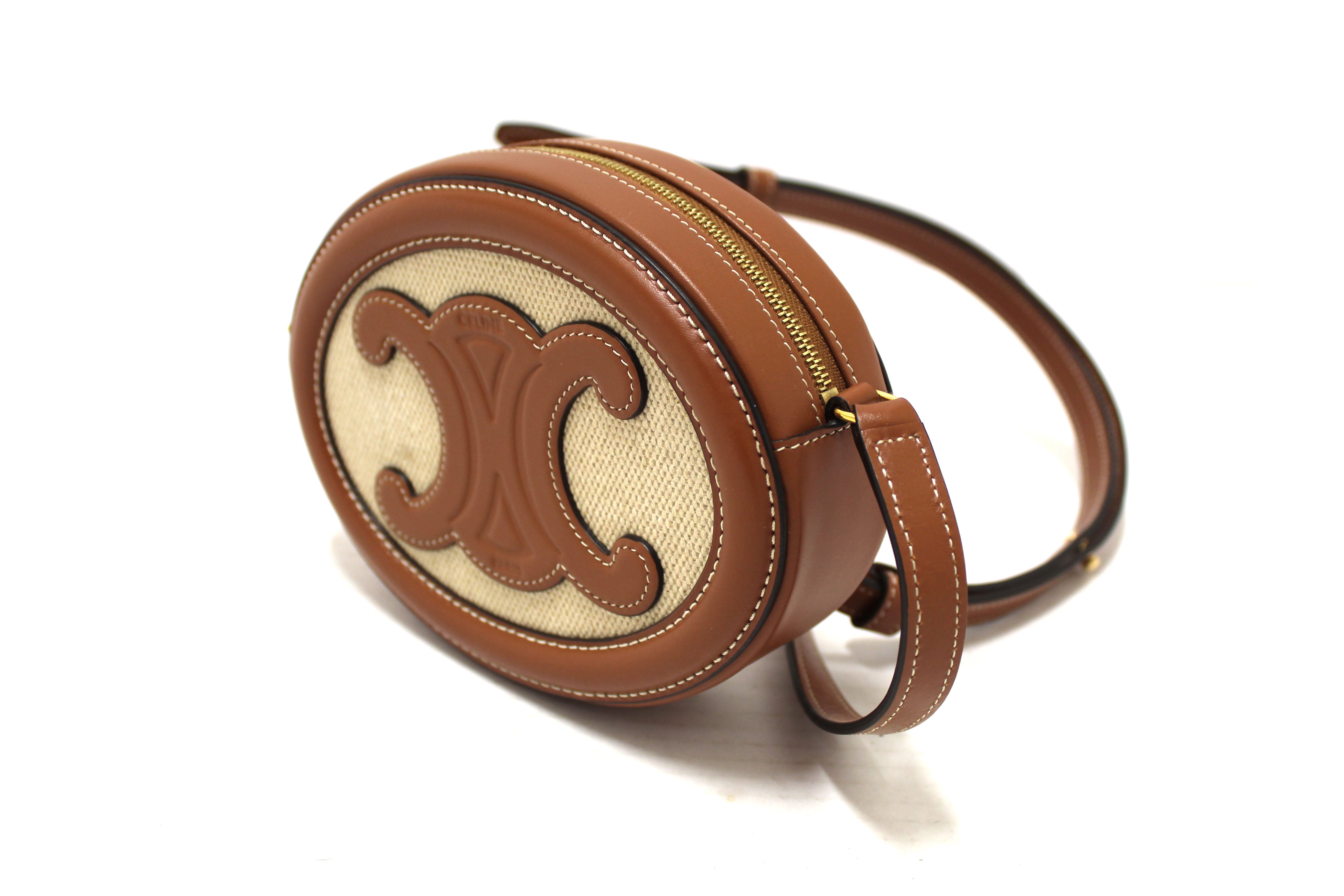 Authentic Celine Textile and Brown Leather Oval Purse Cuir