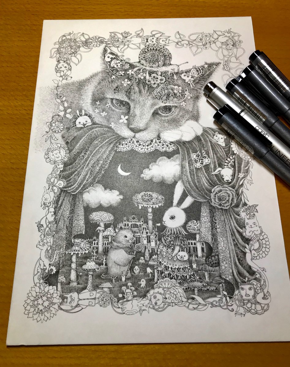 ひとまず完成♩ B5サイズ ペン画、主に5本の0.03㎜コピックで描いて