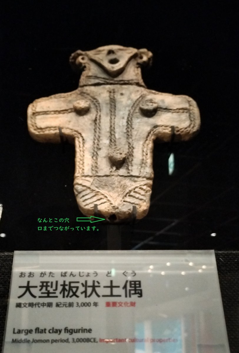 大型板状土偶を下からのぞいてみると・・・ おや？穴が開いていますね