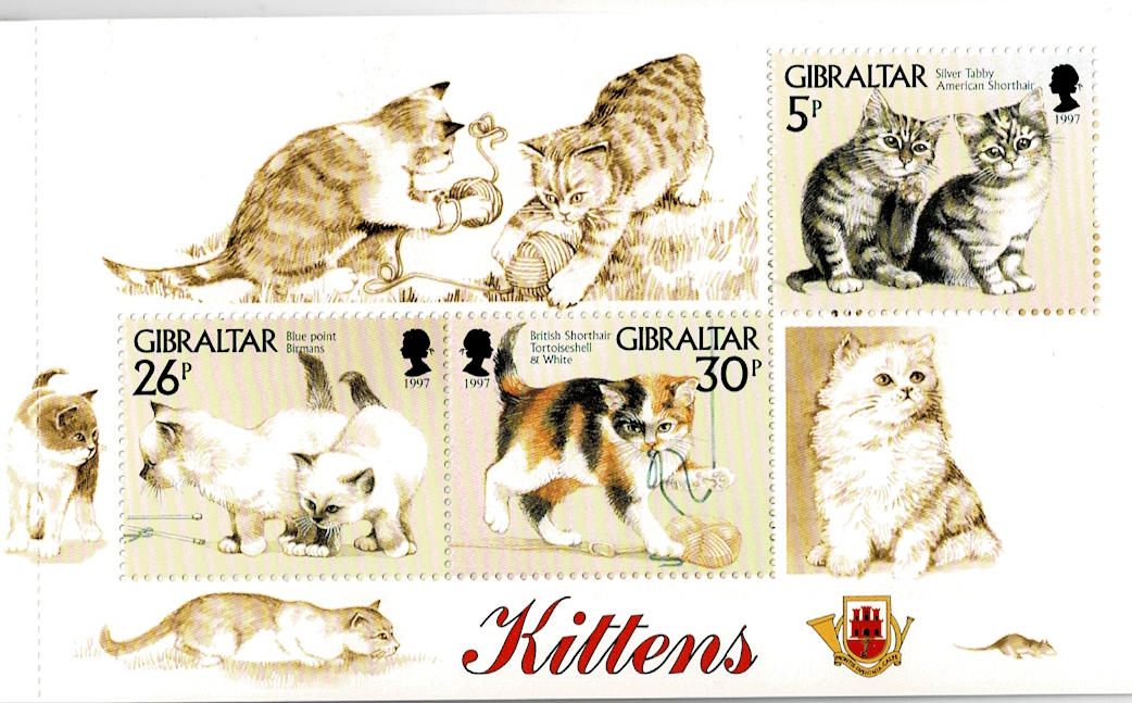 Gibraltar 1997 Kittens】 ジブラルタル発行の子猫が描かれた小型