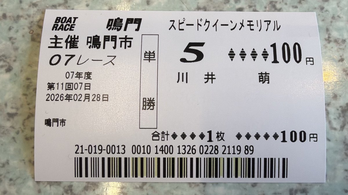 先ずは、川井萌ちゃん単勝舟券を