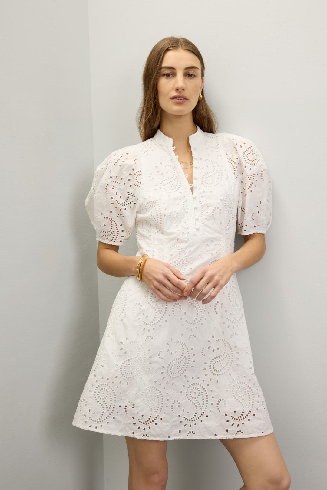 Eyelet Balloon Sleeve Mini Dress by Club Monaco | Rent the Runway