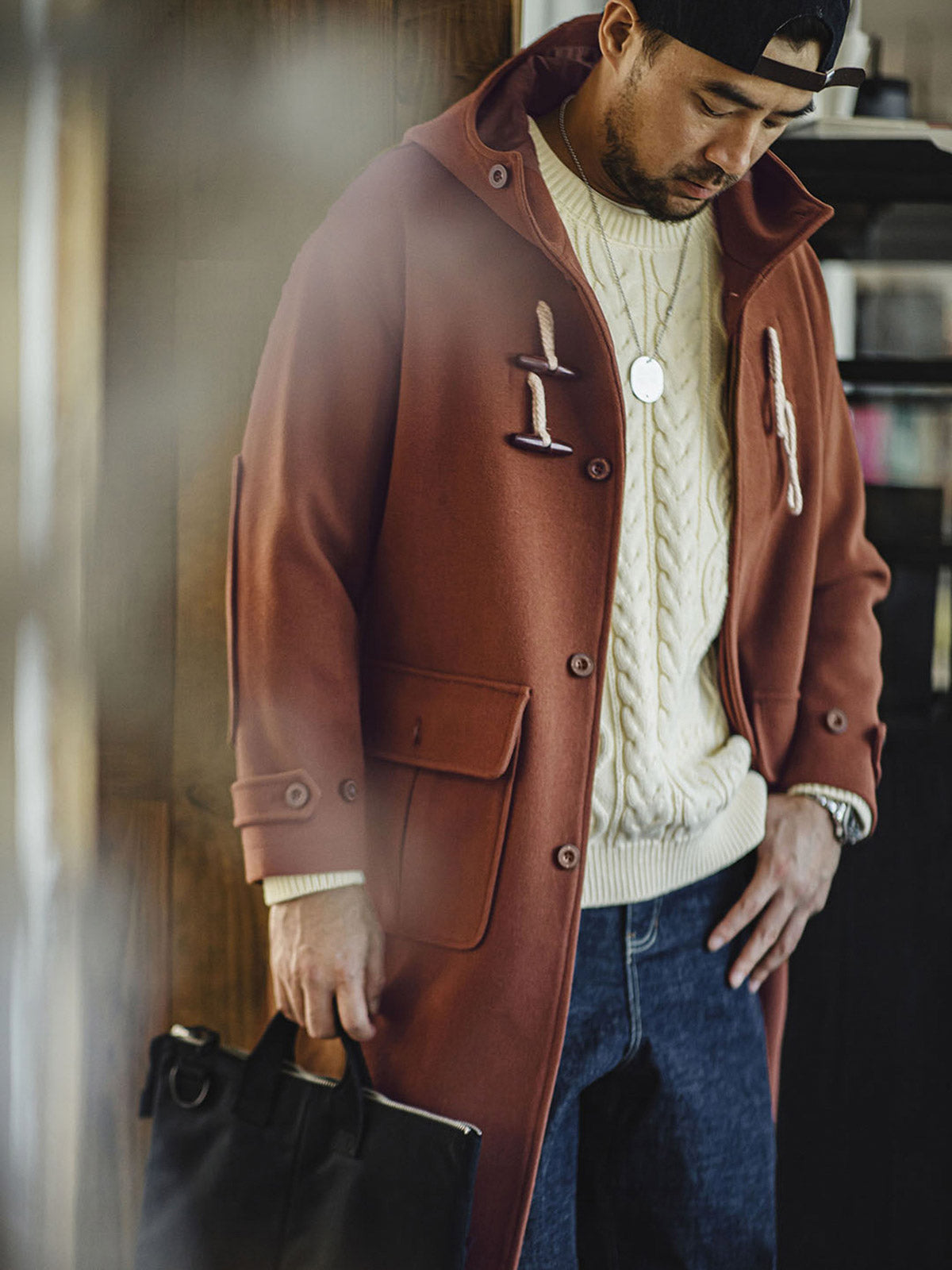 牛角ボタン付きフードウールダッフルコート -PESSOA CLUB