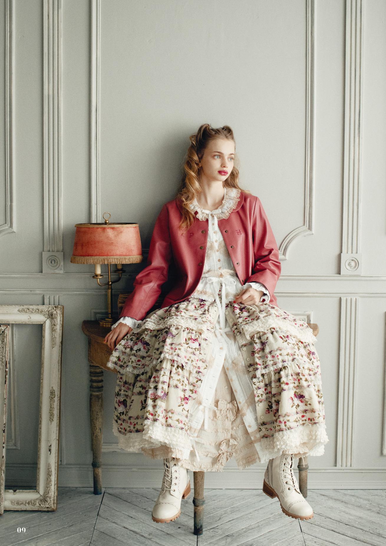 赤チェックフリルブラウスチュニックL PINK HOUSE◇チェックフリル