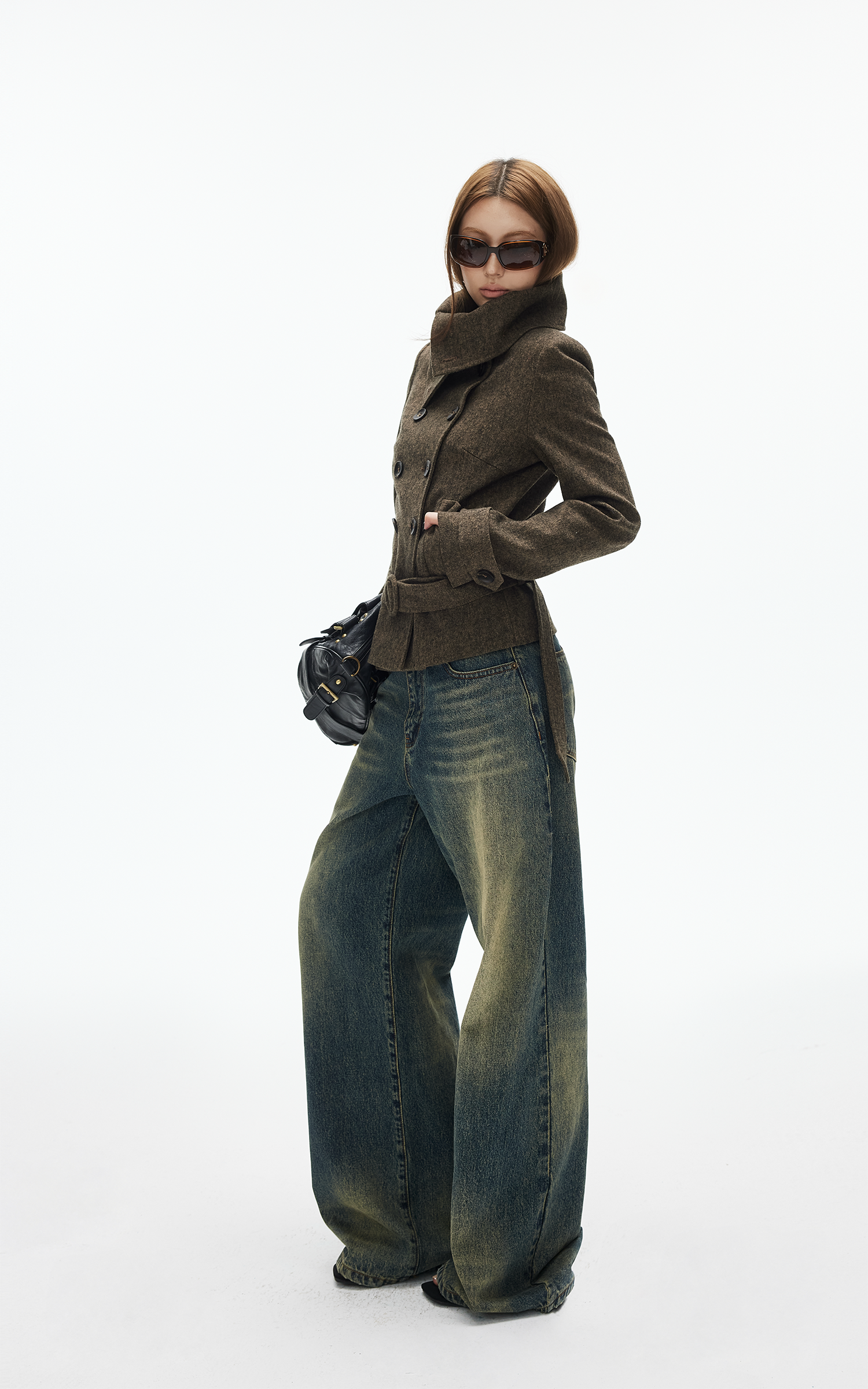 IAMXIAA ウール風ハイネックベルト付きダブルブレストジャケット