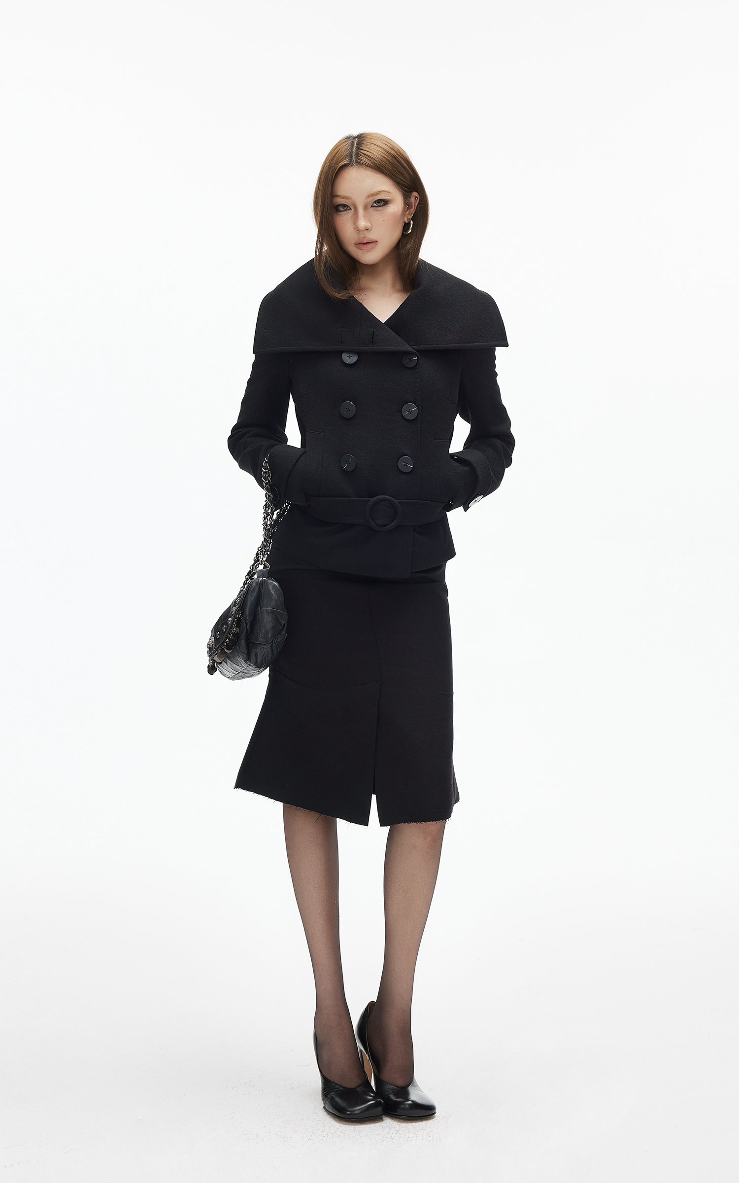 IAMXIAA ウール風ハイネックベルト付きダブルブレストジャケット