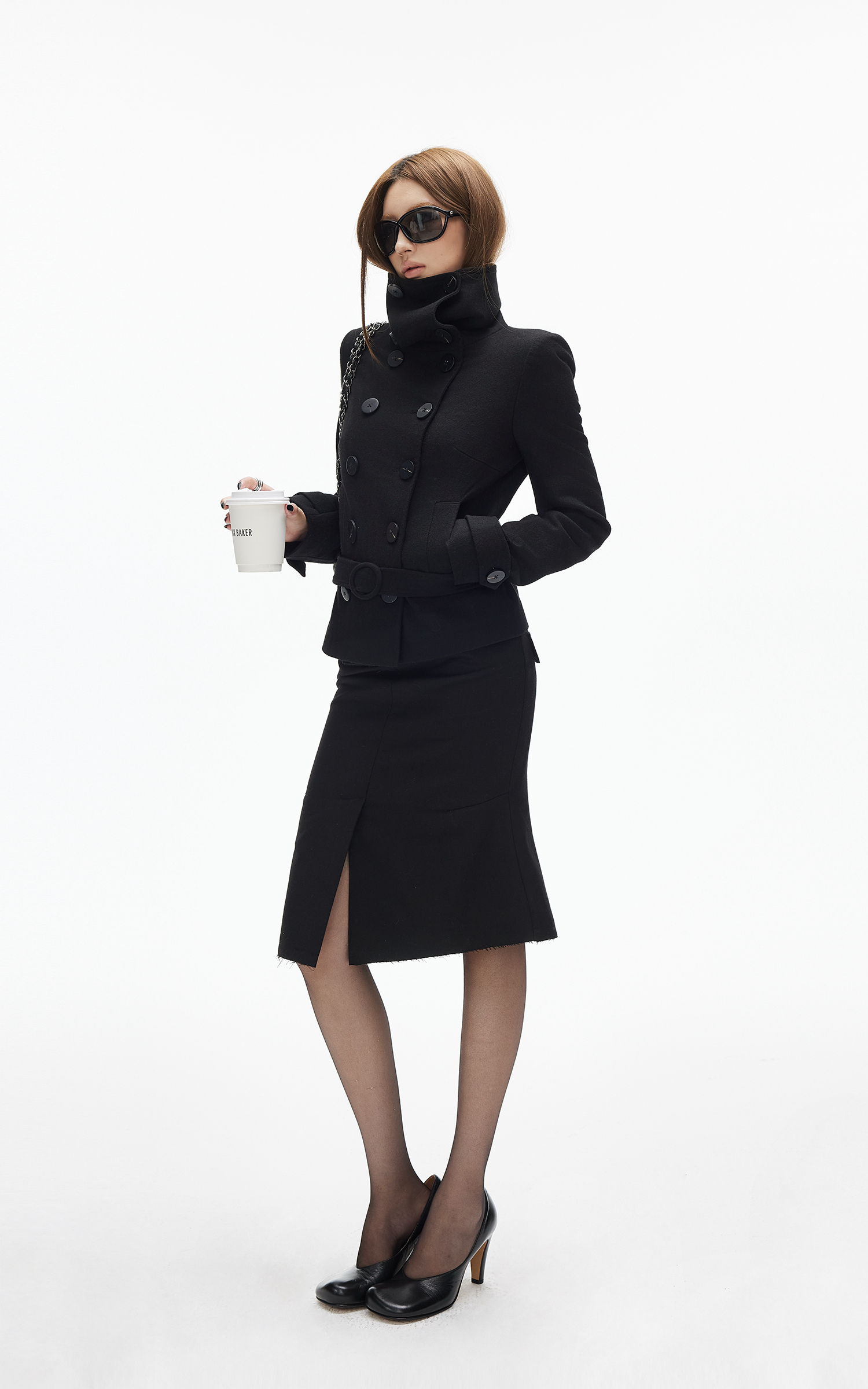 IAMXIAA ウール風ハイネックベルト付きダブルブレストジャケット