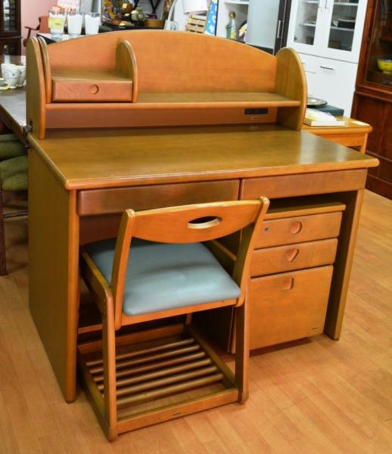 浜本工芸 天然木 無垢材 ブラウン 学習机・椅子 キャビネット付 中古品