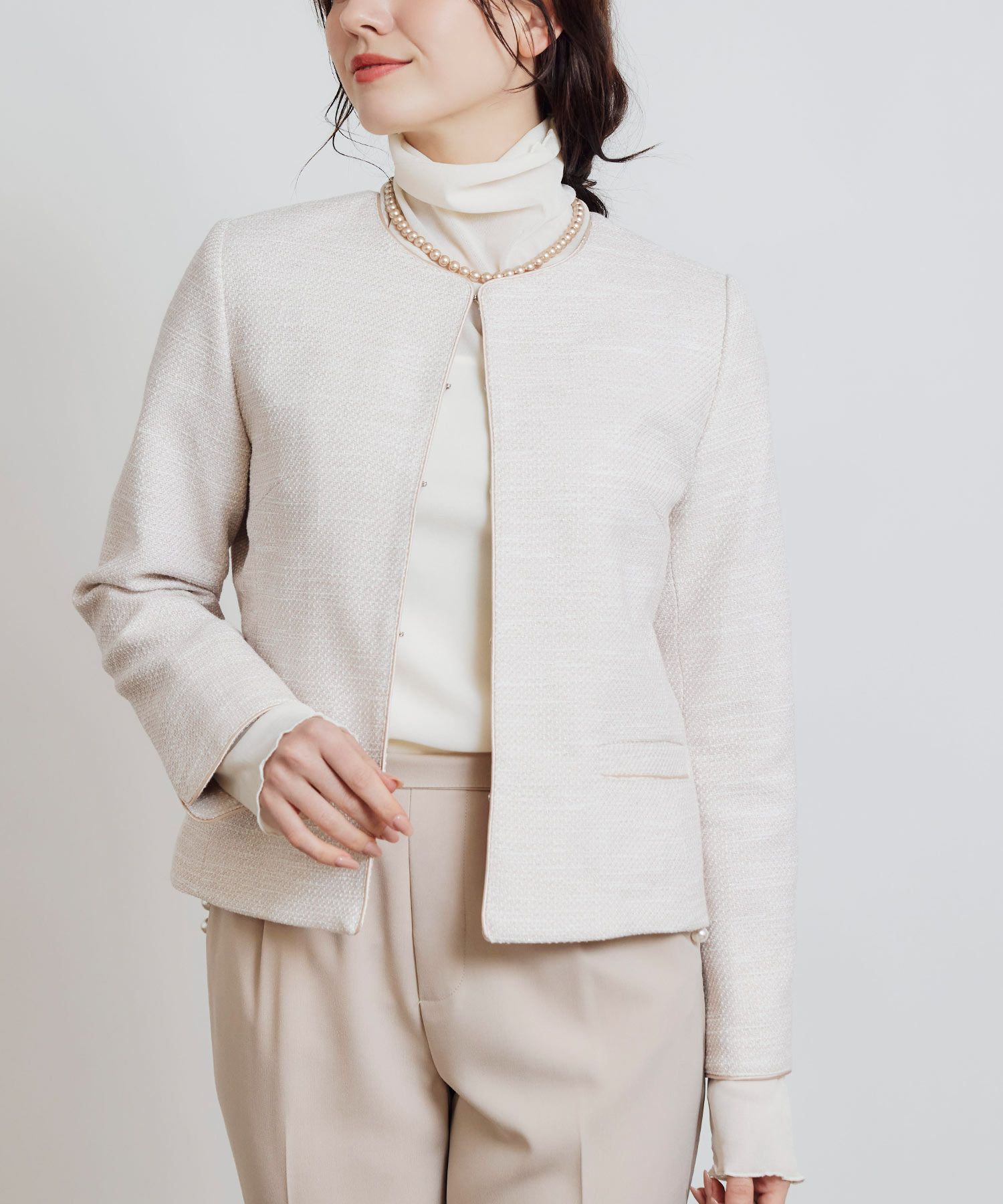 セットアップ可能】綾織りツイードノーカラージャケット | PICCIN