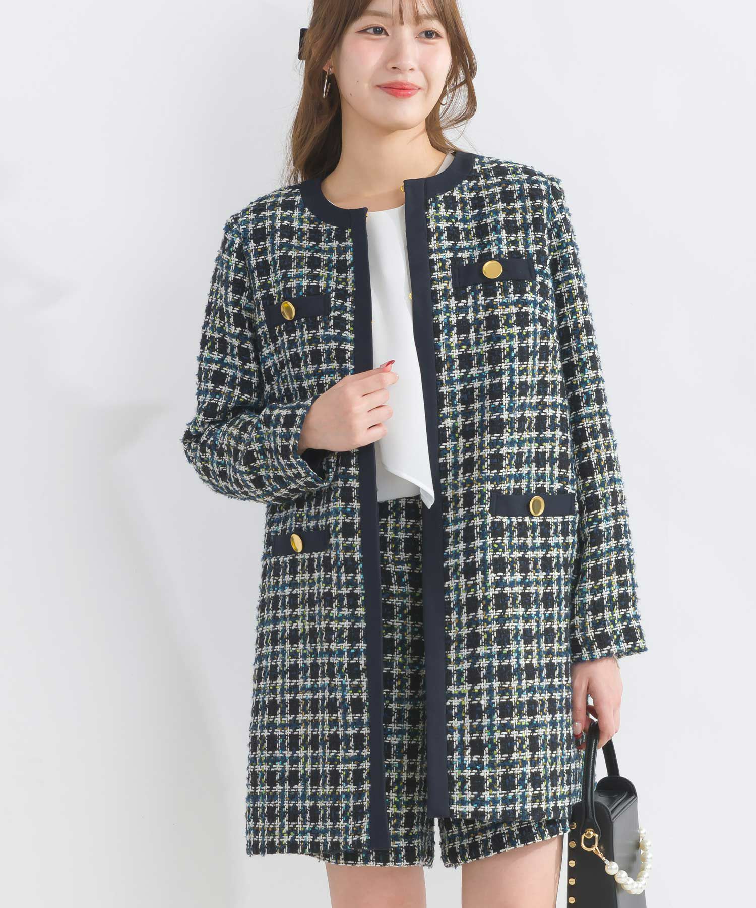 セットアップ可能】ポケット付きチェックツイードコート | PICCIN