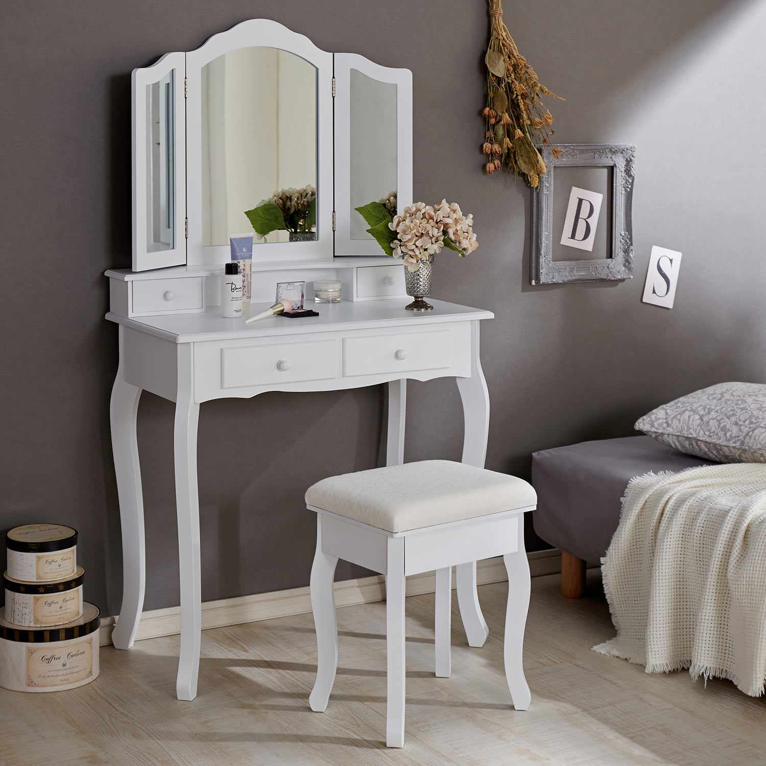 送料込み✨】アンティーク調 ドレッサー・鏡台 ❤︎ アイボリー