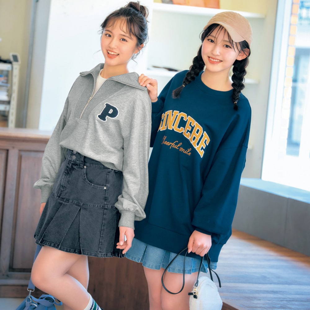 サガラ刺繍ハーフジップショート丈綿ミニ裏毛プルオーバー 【子供服