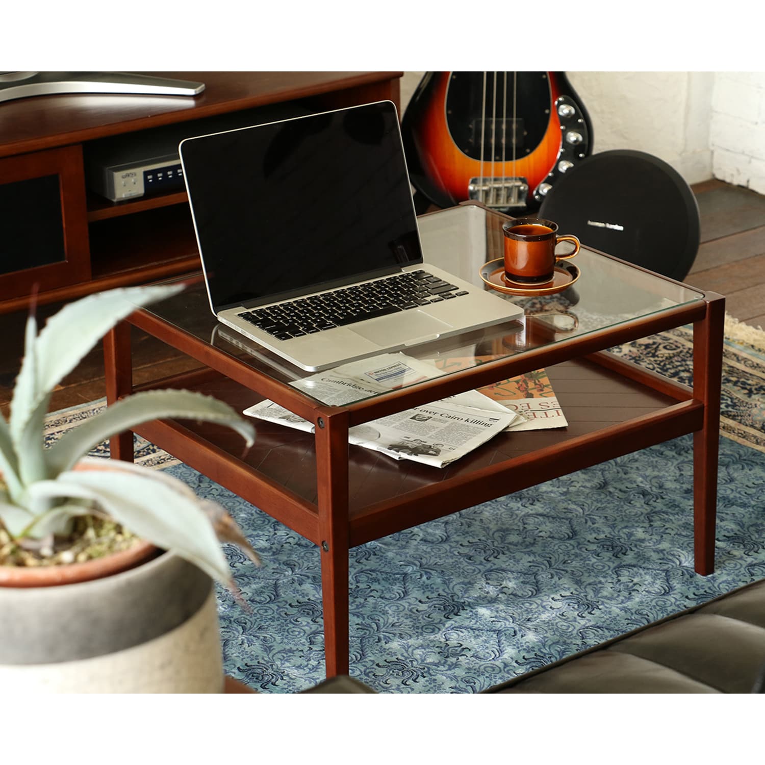 ヴィンテージ調ガラス天板ローテーブル（ローテーブル/センター