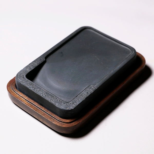 端渓硯 大型十吋】◇青花・翡翠紋・魚脳凍などの紫黒美石◇唐木共箱