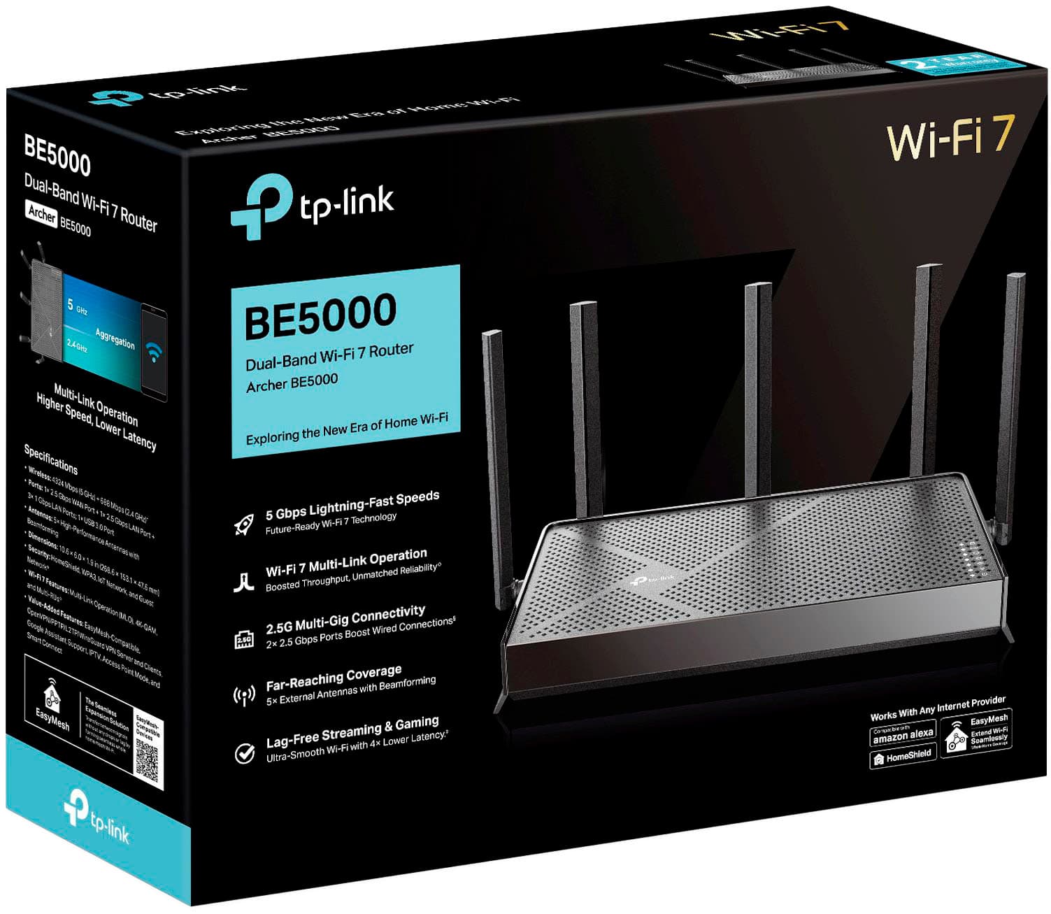 TP Link Archer BE5000 Dual Band Wi Fi 7 Router Black Archer BE5000