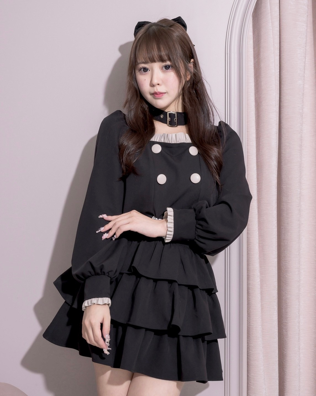 pium スクエアフリルリボンドーリーワンピース ブラック スクエア