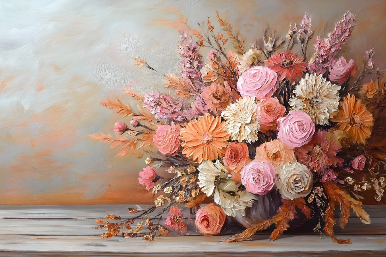 フリー写真画像: パステル調の花瓶にピンクとオレンジの花を描いた