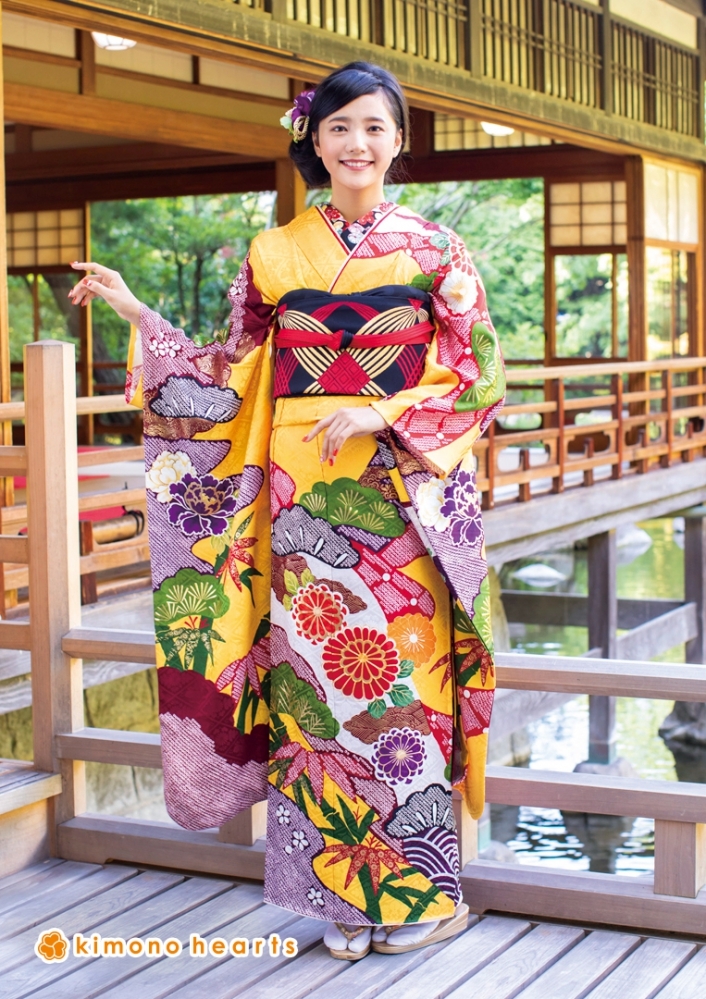 伝統古典】FL-8307｜山吹色に鹿の子柄の松が愛らしい古典振袖｜kimono