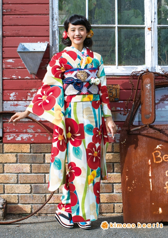 大正ロマネスク】FL-8101｜よろけ縞と椿柄がかわいい大正ロマン振袖