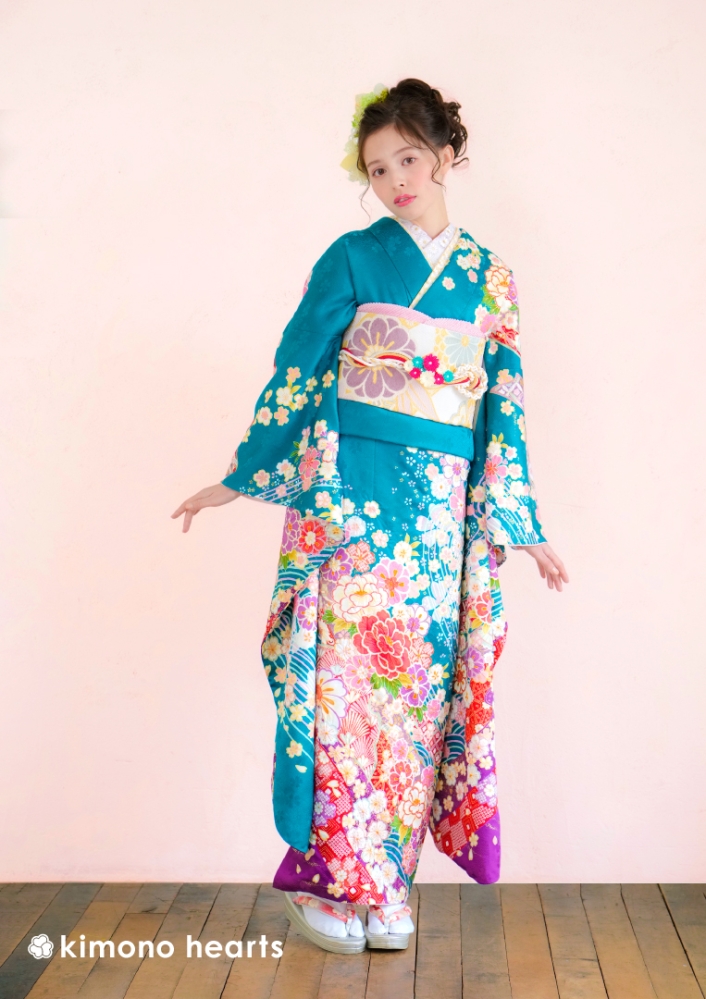 舞姫古典】KH-282｜鮮やかな青緑の古典柄振袖をフェミニンに｜kimono