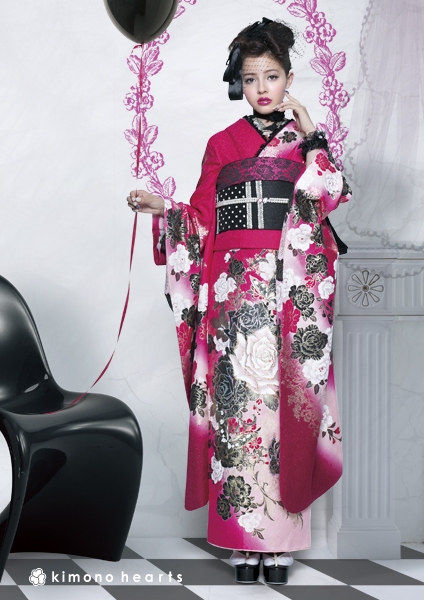ゴシック】FL-5304｜ビビッドピンクに黒薔薇がダークな振袖｜kimono
