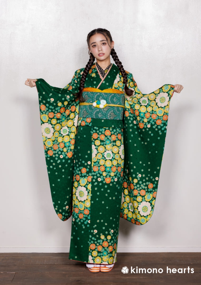 レトロモダン】FL-D103｜昭和のポップな花柄デザインが印象的な緑色の