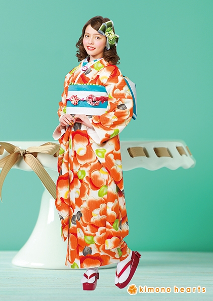 レトロモダン】KH-228｜オレンジの椿がポップなレトロ振袖｜kimono