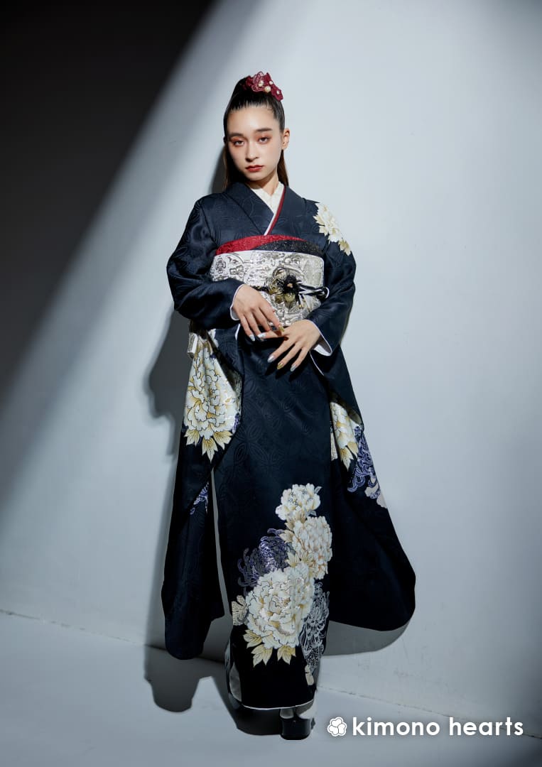 粋古典】FL-D308｜黒に映える白牡丹が大人っぽい。成人式は粋な古典柄