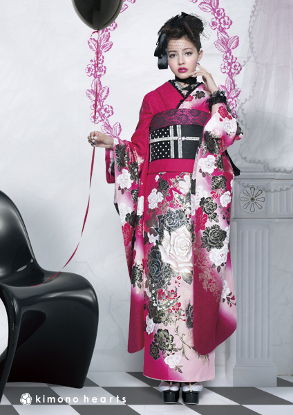 ゴシック】FL-5304｜ビビッドピンクに黒薔薇がダークな振袖｜kimono