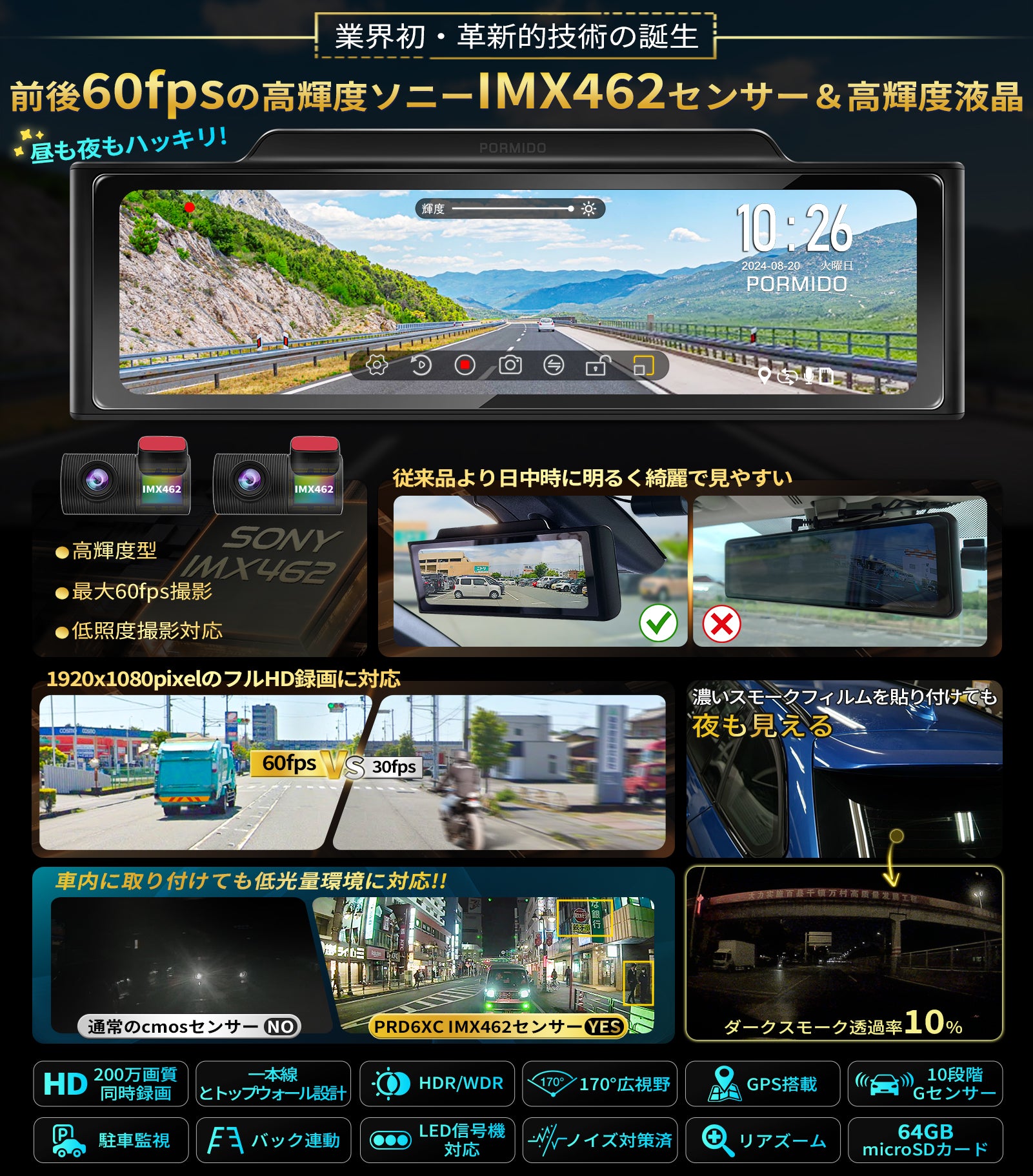 PRD6XC・PRD6X 前後カメラとも60FPS高輝度ミラー型 ドライブレコーダー