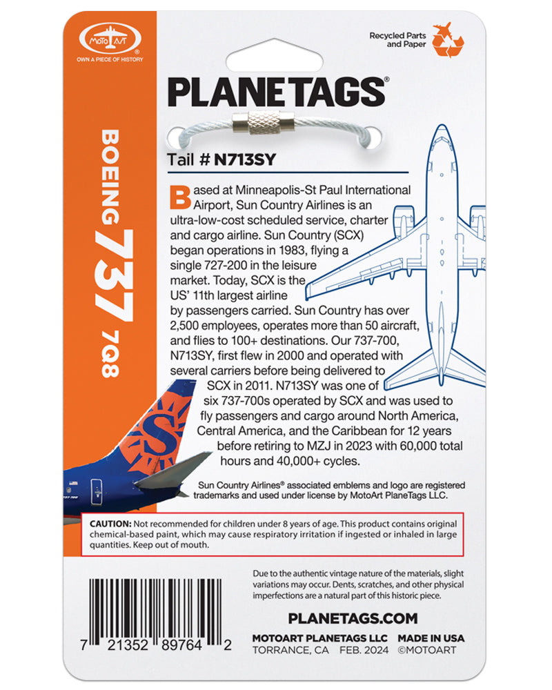 Sun Country Airlines® 737 N713SY PlaneTags – MotoArt PlaneTags