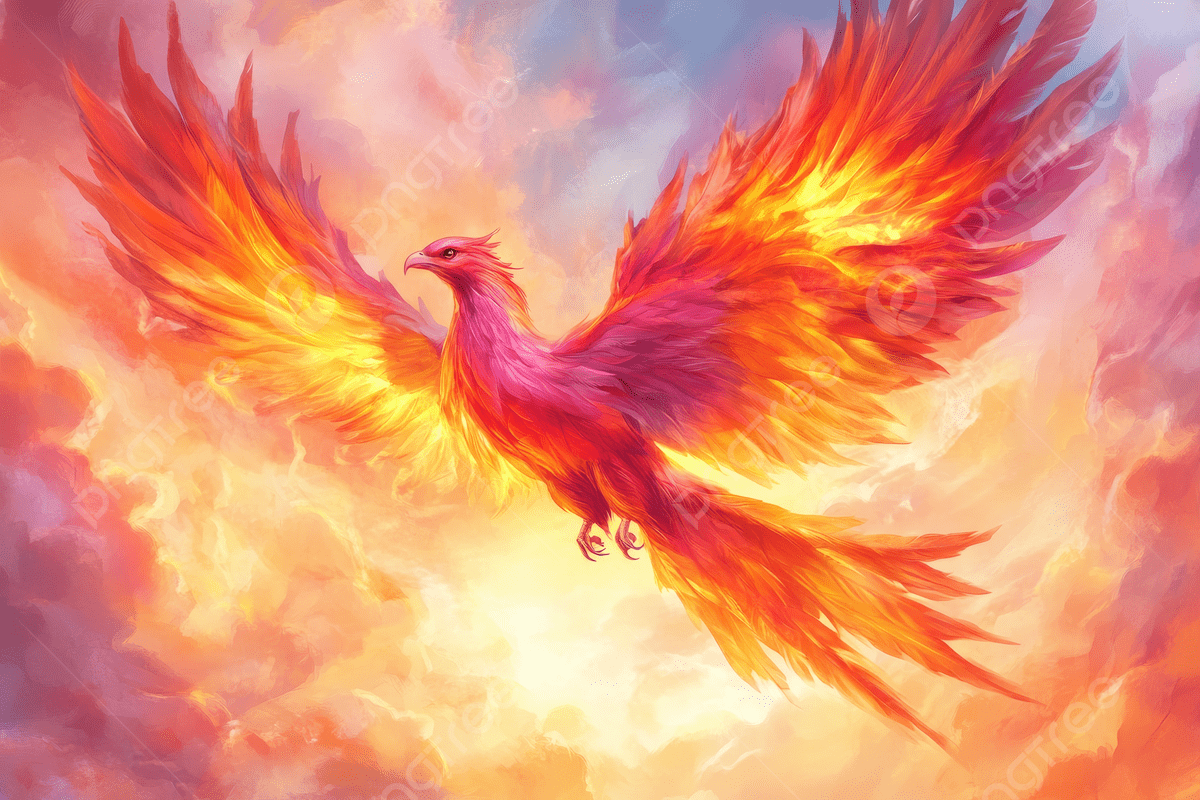 空を舞い上がる雄大なフェニックスその鮮やかな赤とオレンジ色の羽が
