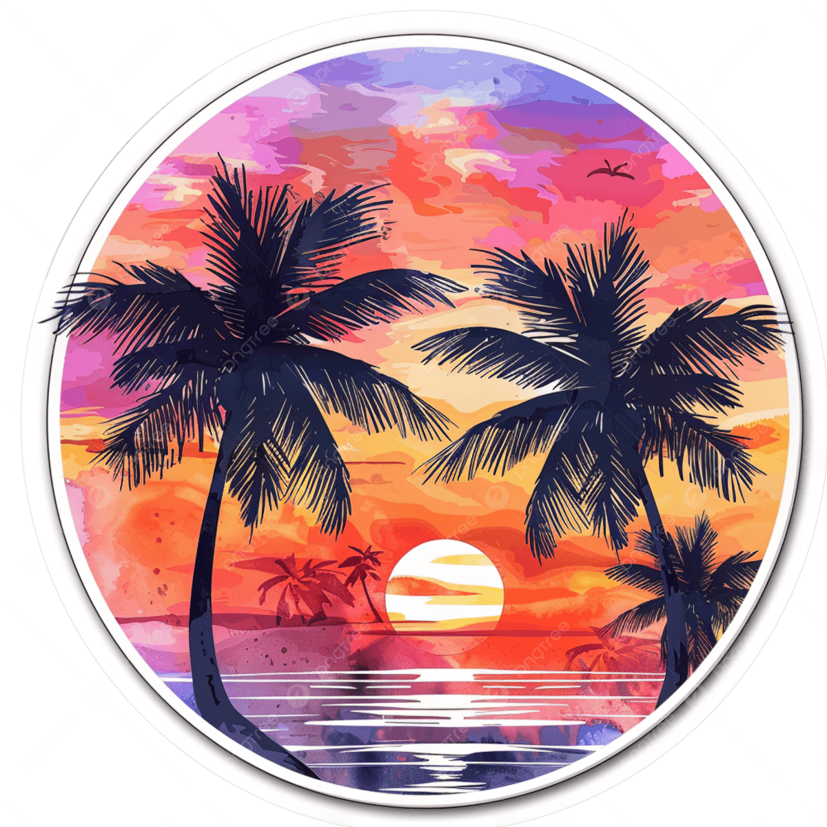 ヤシの木のある熱帯のビーチの夕日イラスト素材透過、PNGフリー画像