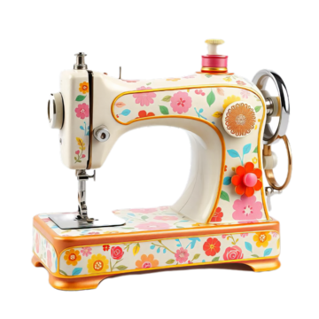 レトロなミシンの花の装飾的なロゴイラスト画像とPSDフリー素材透過の