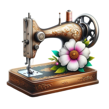 レトロなミシンの花の装飾的なロゴイラスト画像とPSDフリー素材透過の