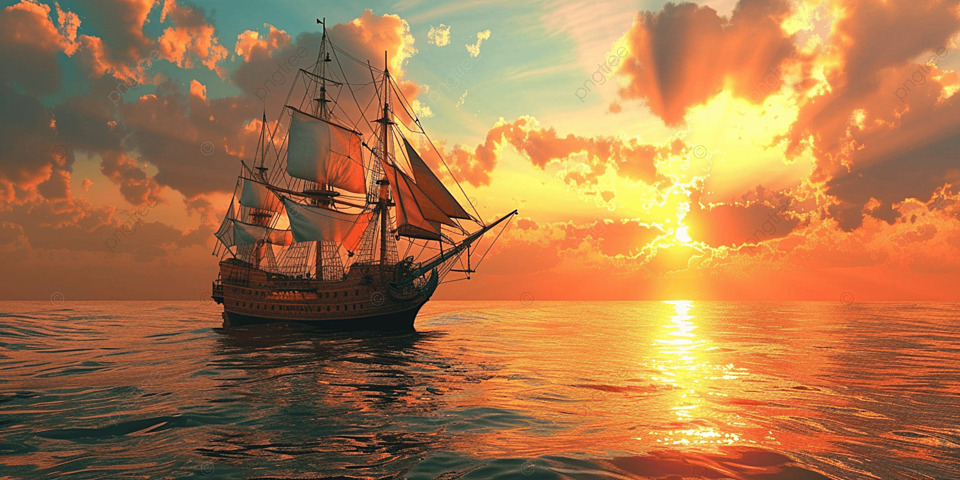 絵画帆船海夕陽