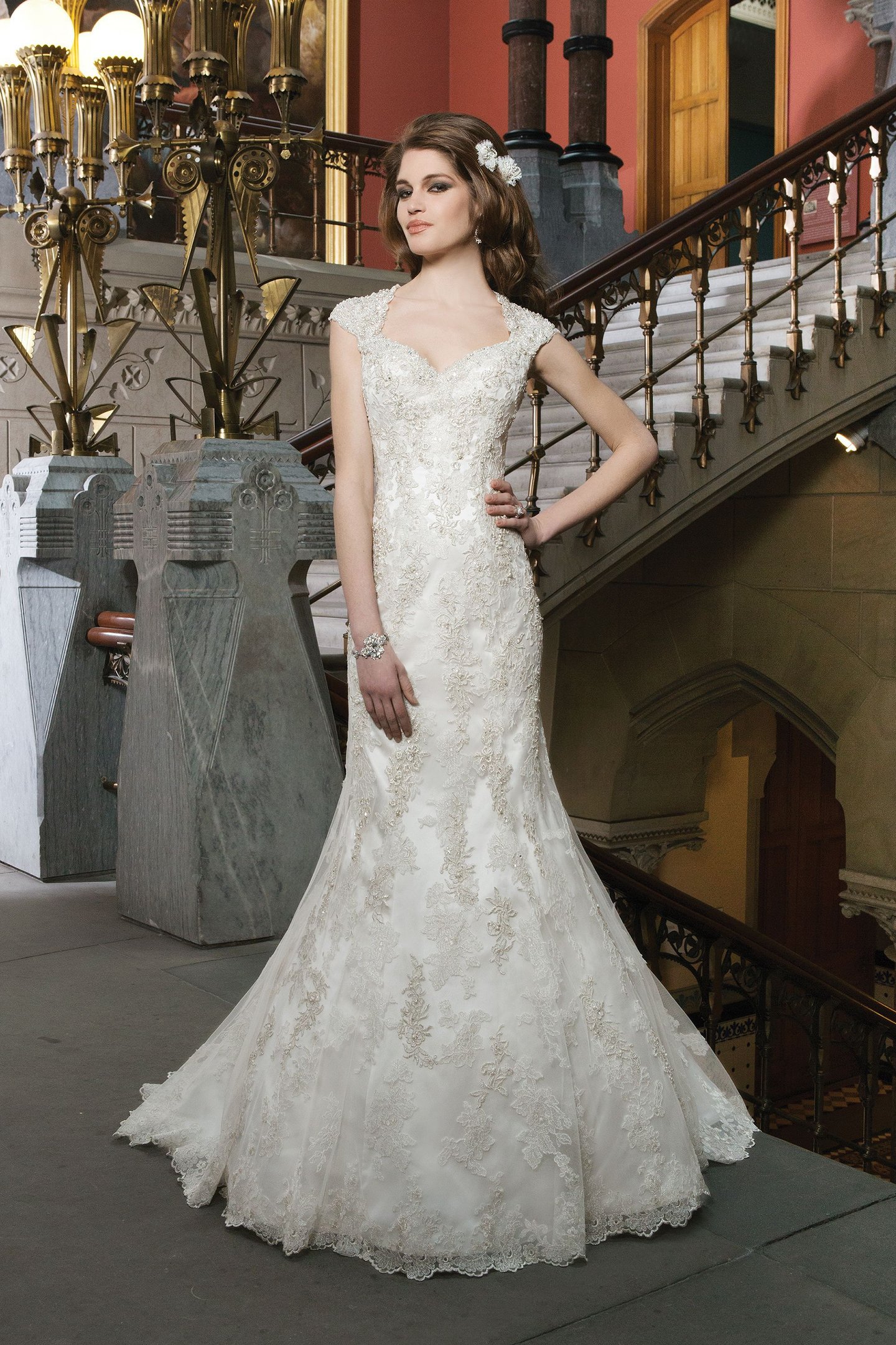 8725: Beaded Metallic Venice Lace Trumpet Dress | Justin Alexander