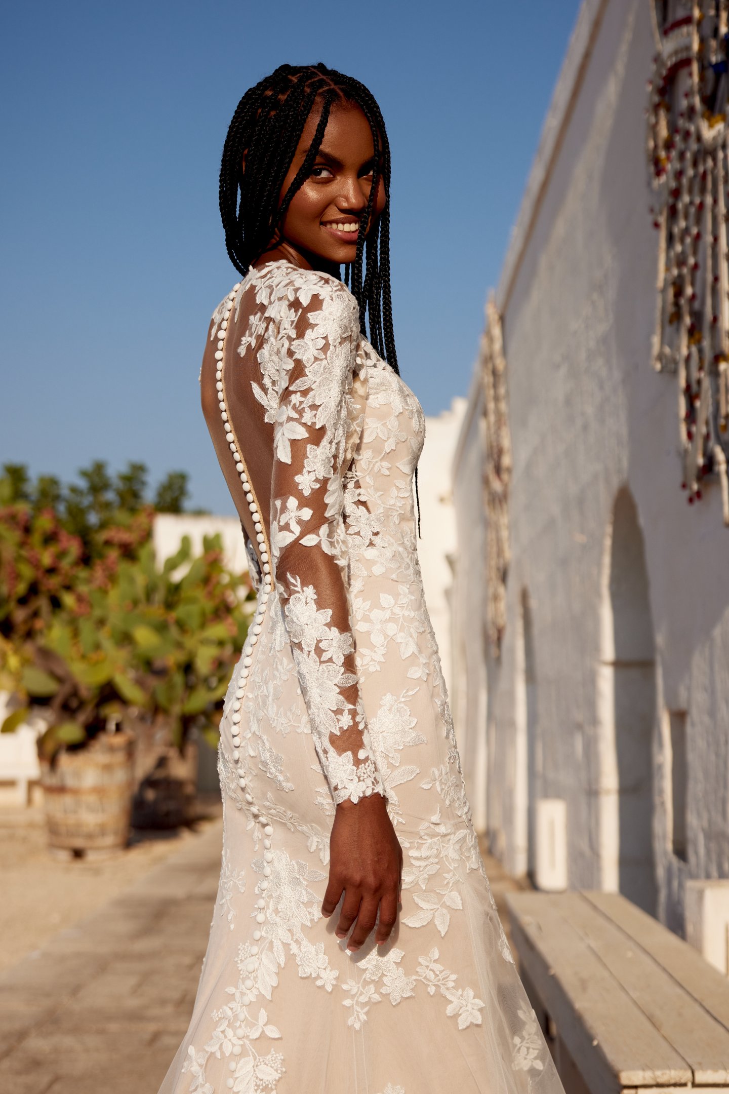 66406: Lace Detailed Fit and Flare with Long Sheer Sleeves