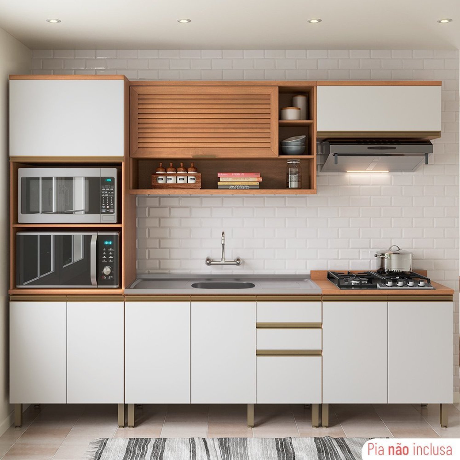 Cozinha Completa 9 Portas 3 Gavetas Torre Quente e Balcão para Pia