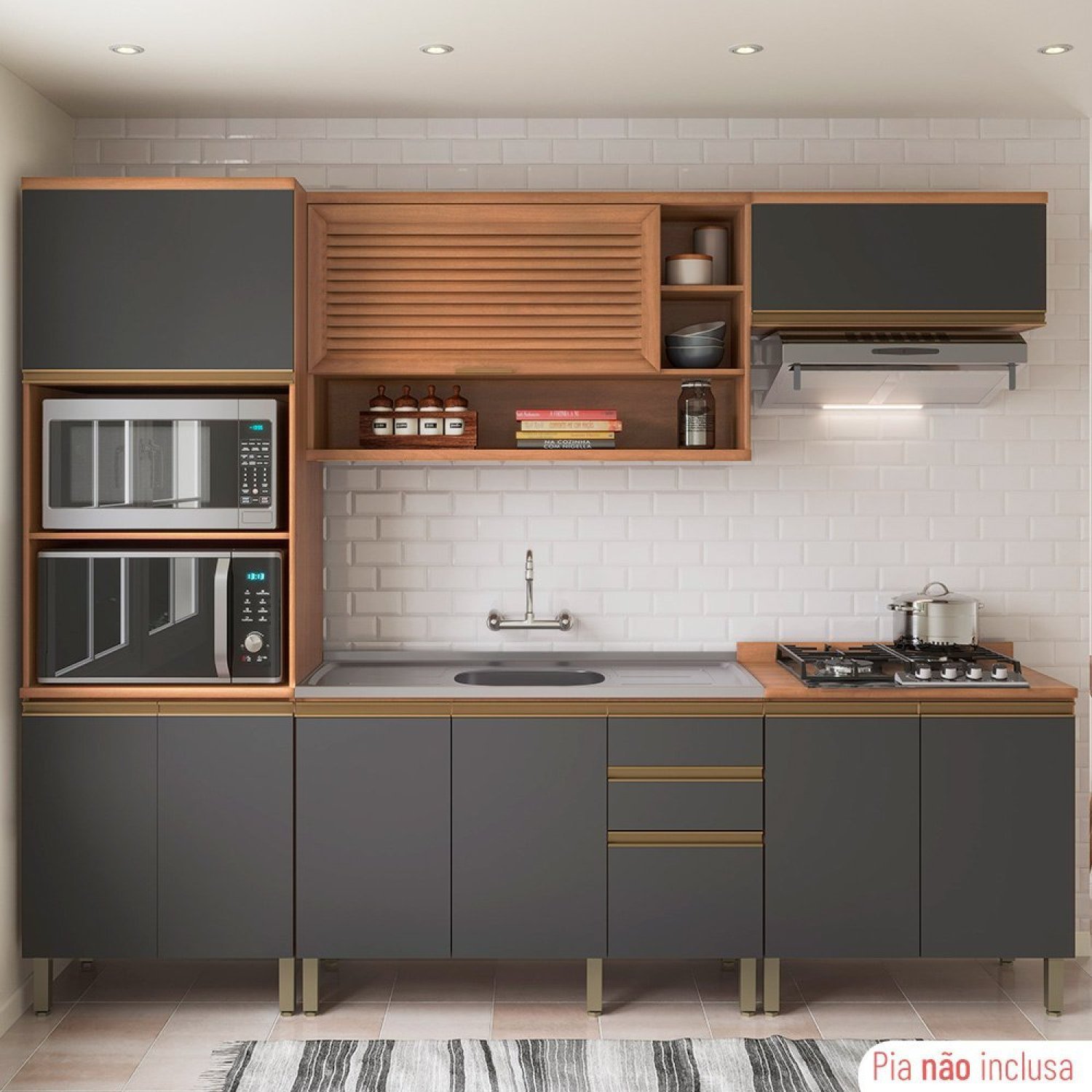 Cozinha Completa 9 Portas 3 Gavetas Torre Quente e Balcão para Pia