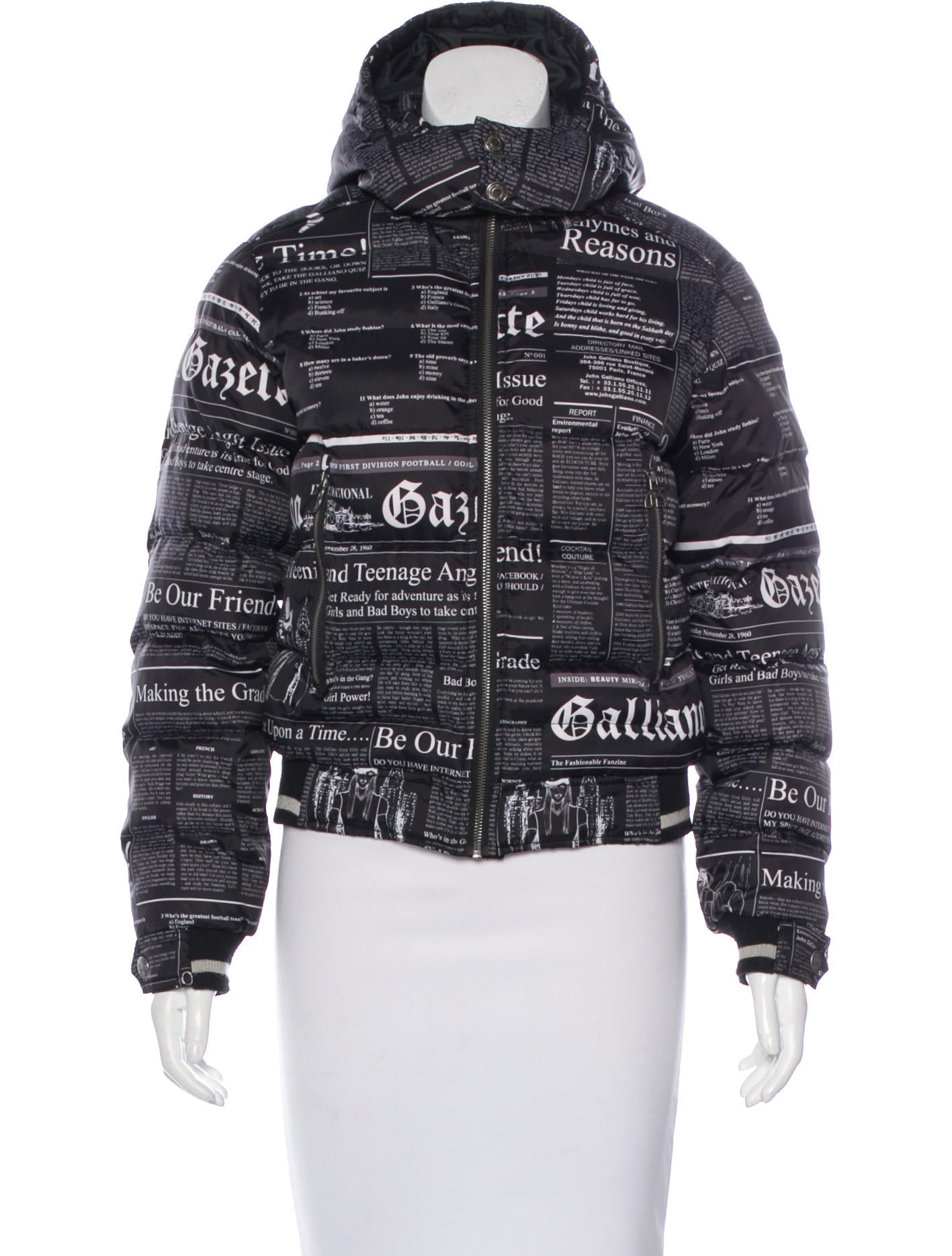 John Galliano Newspaper Print Puffer Coat - Black Coats, Clothing