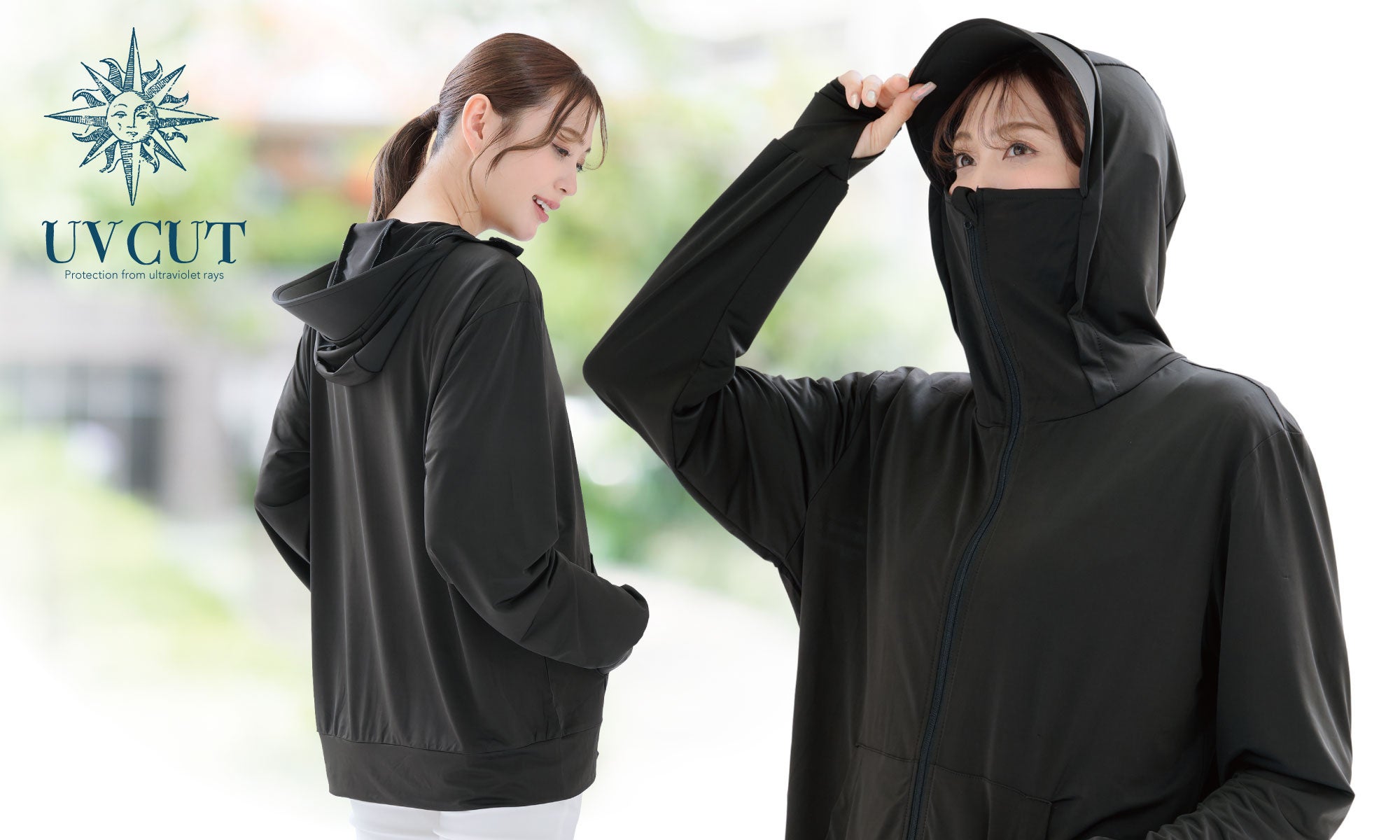 UVカット率99％！フード付きパーカーで顔から手の甲まですっぽり覆って