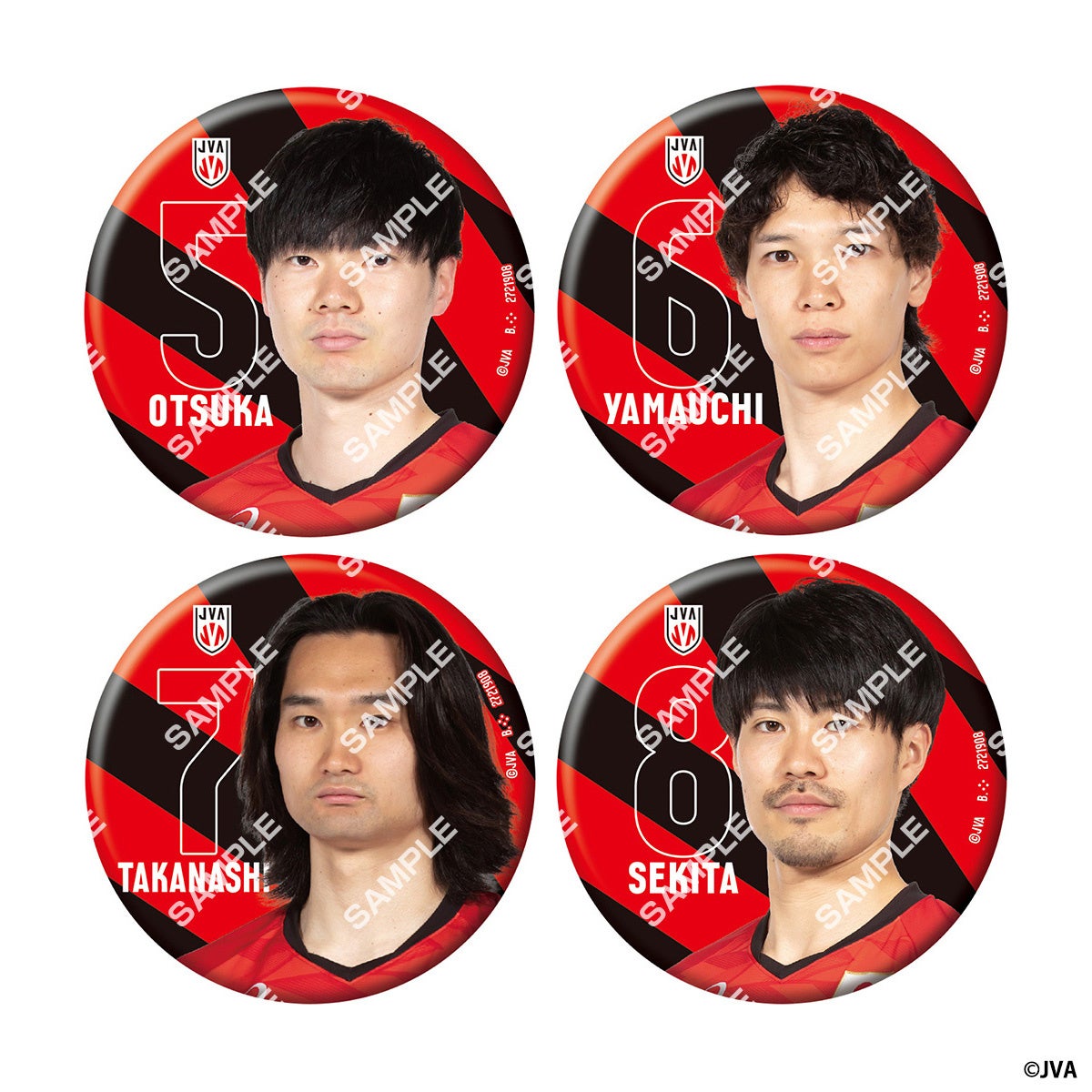 バレーボール男子日本代表選手のビジュアルを使用した缶バッジとクリア