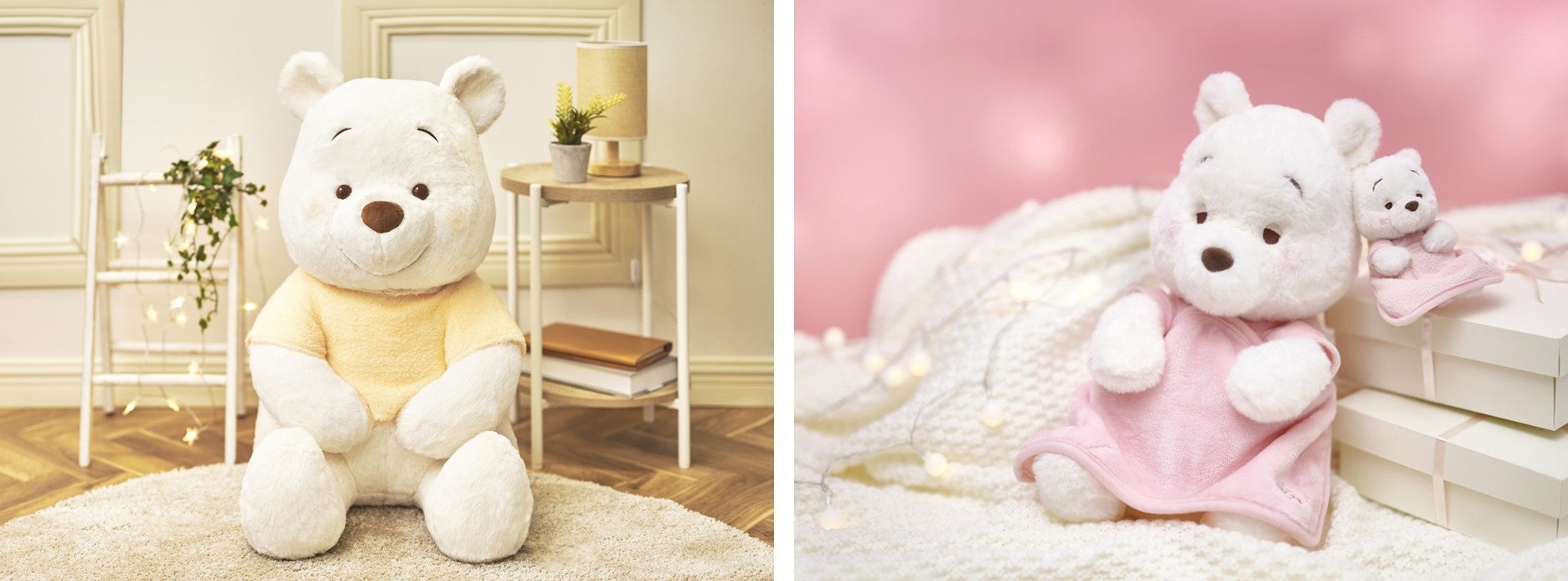 ハニーミルクラテカラーのプーさんがブランケットを持ってぬくぬく