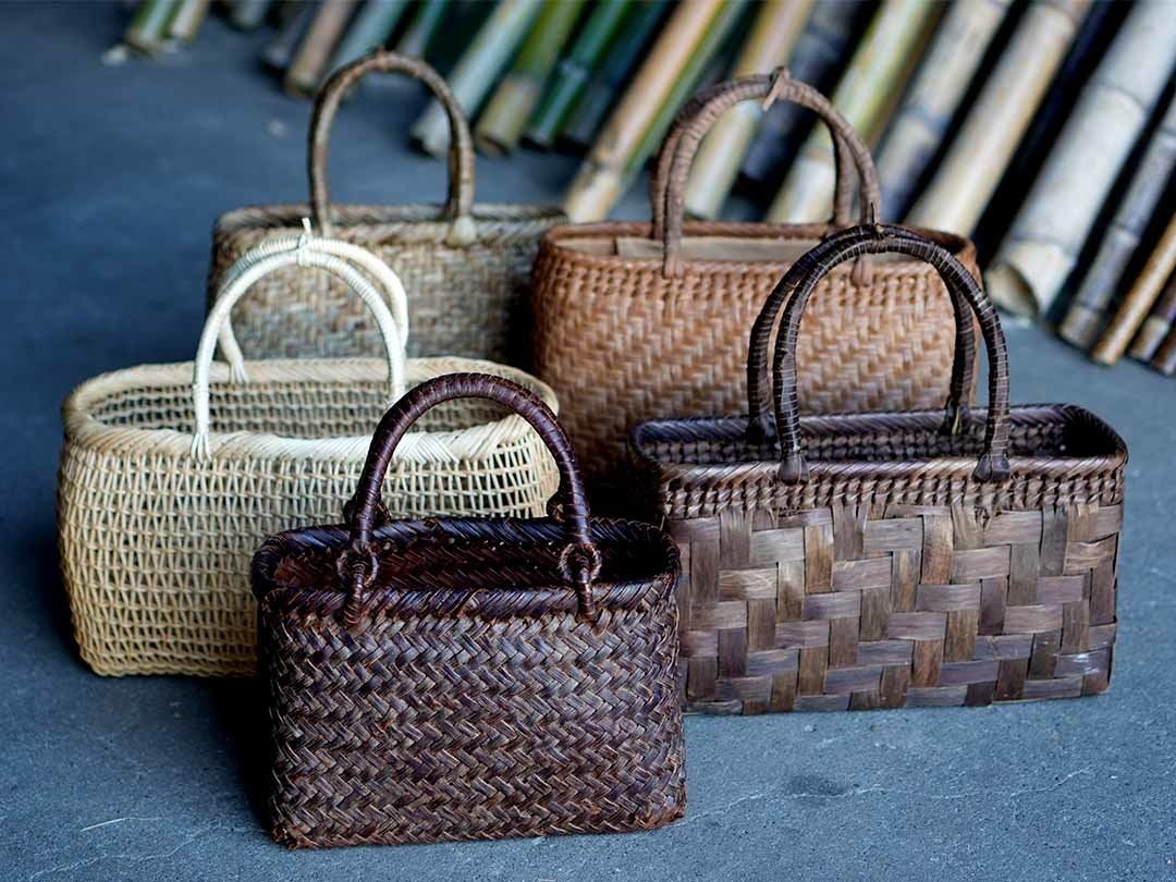 山葡萄、クルミ、白あけび3種類の手提げ買い物籠バッグの修理が完了