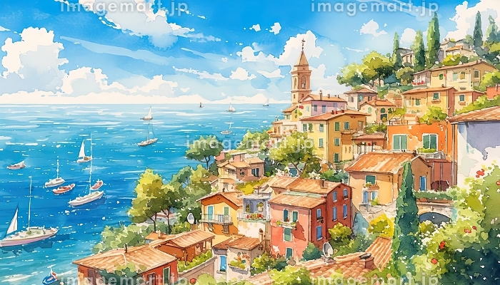ヨーロッパの海辺の町の景色[AI生成画像]のイラスト素材 [257714901