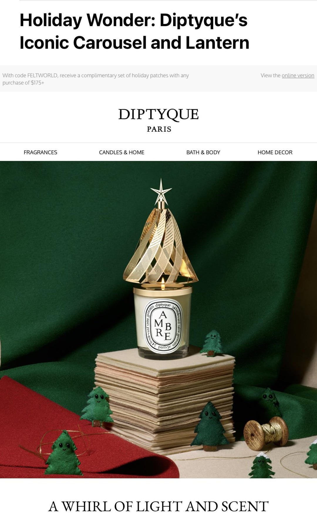 DiptyqueのUSウェブサイトで、この新しいホリデーカルーセルが広告され