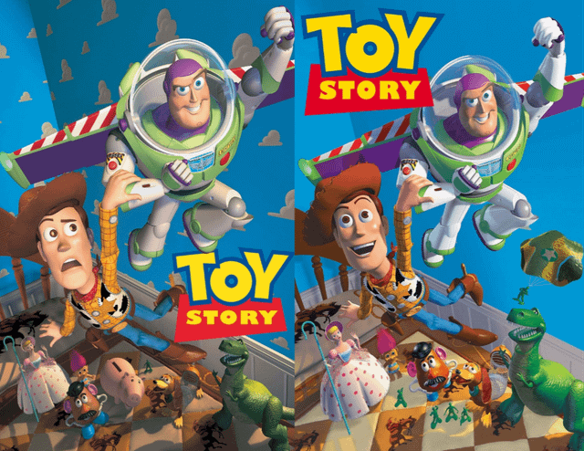 トイ・ストーリー (1995) の映画ポスターはウッディがしかめっ面をして